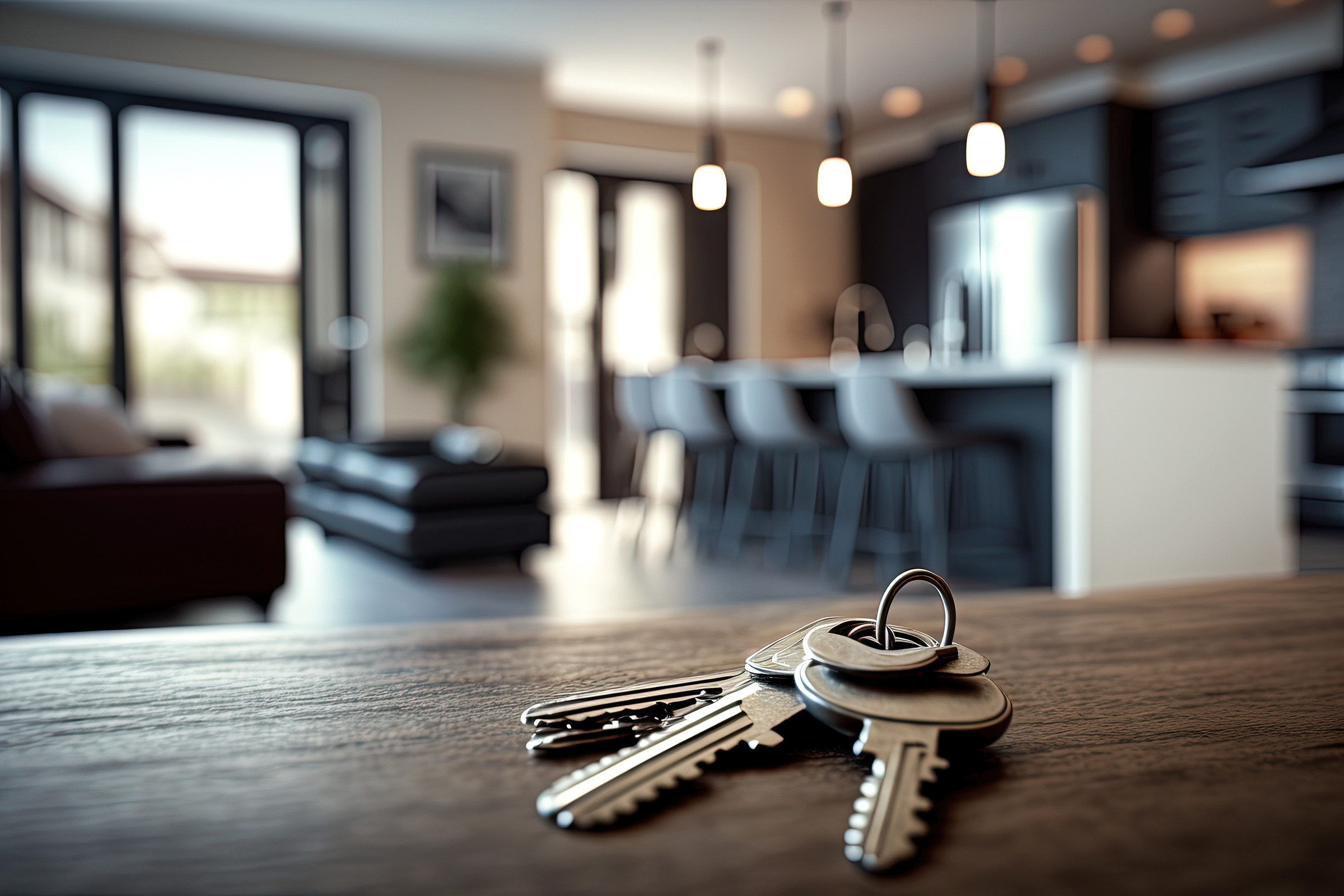 Keys on background new modern apartment or hotel room. Investment, rent, real estate, buying own property